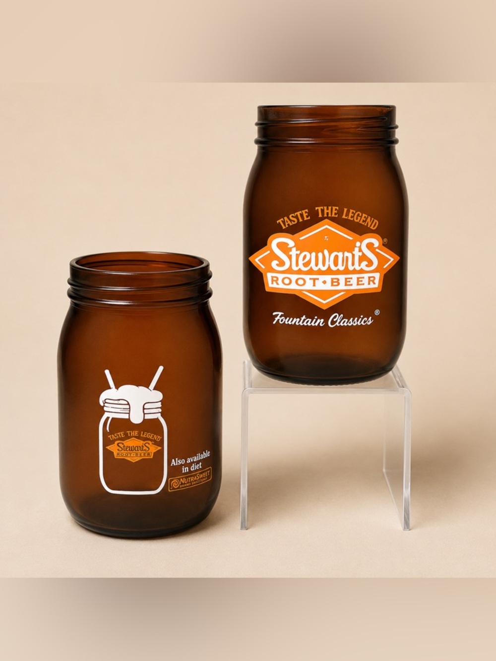 Stewart’s Root Beer Amber Mason Jar Glasses (2) Collectible Bundle
